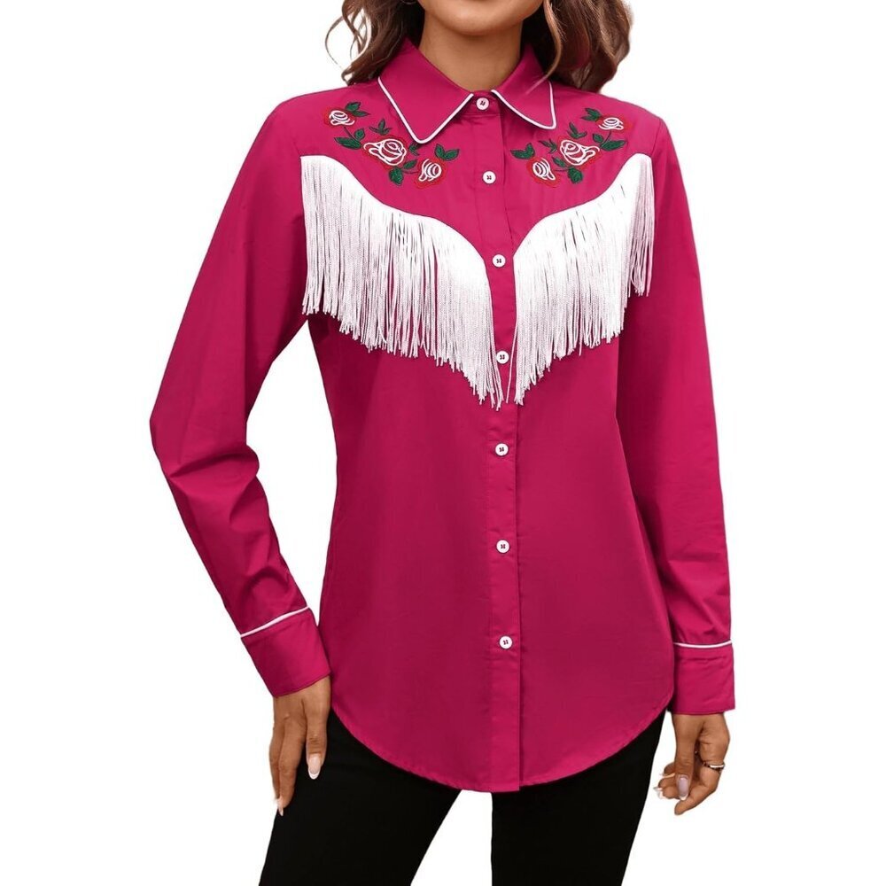Women's Rose Red Fringe Long Sleeve Floral Embroidered Collared Rodeo Shirts - Picture 2 of 6